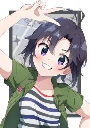 1girl antenna_hair arm_up black_hair blush border fingernails green_jacket grin highres idolmaster idolmaster_(classic) idolmaster_million_live! idolmaster_million_live!_theater_days jacket kikuchi_makoto looking_at_viewer open_clothes open_jacket outside_border purple_eyes shirt short_hair short_sleeves smile solo striped_clothes striped_shirt twwibql2kktg5am upper_body v white_border