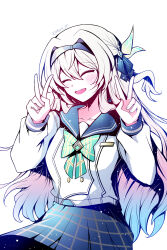 1girl black_hairband blush bow breasts checkered_bow checkered_clothes checkered_skirt closed_eyes collarbone double_v electronduck falling_petals firefly_(honkai:_star_rail) firefly_(spring_missive)_(honkai:_star_rail) green_bow grey_hair hair_between_eyes hair_intakes hair_ornament hairband highres honkai:_star_rail honkai_(series) long_hair medium_breasts official_alternate_costume open_mouth petals school_uniform simple_background skirt sky smile solo v white_background