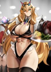 1girl abs absurdres barghest_(fate) bikini black_thighhighs blonde_hair breasts cleavage fate/grand_order fate_(series) food green_eyes highleg highleg_bikini highres horns jikihatiman large_breasts long_hair looking_at_viewer maid maid_bikini muscular muscular_female navel plate smile solo swimsuit teapot thighhighs thighs unconventional_maid