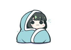 1girl :| absurdres black_hair blunt_bangs blunt_ends blush bob_cut chibi chibi_only closed_mouth commentary_request highres link!_like!_love_live! love_live! momose_ginko oofushi_ao short_hair signature simple_background solid_circle_eyes solo v-shaped_eyebrows virtual_youtuber white_background wrapped_in_blanket