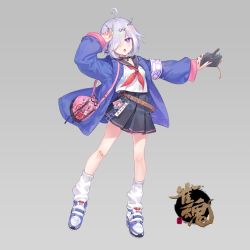 1girl bag blush criin_(659503) hair_over_one_eye handbag highres holding holding_notebook jacket looking_at_viewer loose_socks mahjong_soul medium_hair notebook open_mouth purple_eyes school_uniform shoes skirt socks solo star_(symbol) suzumiya_anju white_hair