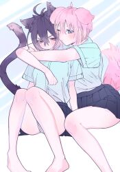 2girls animal_ears arms_around_neck barefoot black_hair black_skirt blue_background blue_eyes blue_shirt blush cat_ears cat_girl cat_tail closed_mouth commentary dog_ears dog_girl dog_tail highres hug hug_from_behind multiple_girls one_eye_closed original panties pantyshot pink_eyes pink_hair pleated_skirt pursed_lips shirt short_hair short_sleeves skirt tail underwear upskirt valentine_(02140314c) white_background white_panties yuri