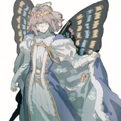 1boy :d ahoge arm_at_side blue_cape blue_dress blue_eyes bug butterfly butterfly_wings cape cape_hold commentary crown dress fate/grand_order fate_(series) fur-trimmed_cape fur-trimmed_dress fur_trim glint grey_hair hand_up highres insect insect_wings juliet_sleeves long_sleeves looking_at_viewer male_focus moomsaw moth oberon_(fate) oberon_(first_ascension)_(fate) open_mouth puffy_sleeves short_hair simple_background smile solo symbol-only_commentary tassel two-sided_cape two-sided_fabric white_background white_dress wings