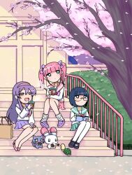 3girls animal bag black_eyes black_footwear blue_bow blue_collar blue_hair blunt_bangs bob_cut book bow brown_bag cat cherry_blossoms closed_mouth coffee collar cookie crocs cup disposable_coffee_cup disposable_cup ezaki_bisuko falling_petals food glasses green_sailor_collar green_skirt hair_between_eyes hair_bow hairband hand_on_own_knee heart hexagram highres holding holding_book holding_cookie holding_cup holding_food long_hair loose_socks menhera-chan_(ezaki_bisuko) menhera-chan_(ezaki_bisuko)_(character) multiple_girls nekotan_(ezaki_bisuko) open_mouth petals pink_bow pink_collar pink_hair pink_hairband pink_sailor_collar pink_shoes pink_skirt pleated_skirt purple_bow purple_collar purple_footwear purple_hair purple_sailor_collar purple_skirt rabbit round_eyewear sabukaru-chan_(ezaki_bisuko) sailor_collar school_uniform semi-rimless_eyewear serafuku shoes short_hair short_twintails sidelocks sitting skirt socks stairs star_of_david steam thighhighs turtle twintails usatan_(ezaki_bisuko) white_serafuku white_socks white_thighhighs yumekawa-chan_(ezaki_bisuko)