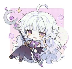 1girl ahoge bare_shoulders chibi grey_hair hair_intakes holding holding_wand mabinogi pantyhose rowan_(mabinogi) sae_bom99 simple_background smile wand
