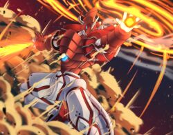 Rule 34 | armor, blue eyes, blue gemstone, core, digimon, digimon (creature), dust cloud, fake horns, fire, flaming sword, flaming weapon, full armor, gem, helmet, highres, holding, holding sword, holding weapon, horned helmet, horns, multicolored armor, multiple horns, no humans, outstretched hand, pyrokinesis, red armor, ridgeone, shinegreymon, shinegreymon burst mode, solo, sword, tail, weapon, white armor