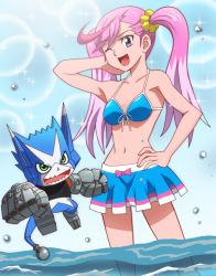 ahoge appmon armpits bikini bikini_skirt blue_bikini blurry bokeh cowboy_shot day depth_of_field digimon digimon_(creature) digimon_universe:_appli_monsters dokamon front-tie_bikini_top front-tie_top halterneck hand_on_own_hip karan_eri legs_apart miniskirt multicolored_hair navel onomekaman outdoors pink_hair skirt standing swimsuit tail twintails wading water_drop