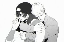 Rule 34 | 2boys, aragaki shinjirou, arm up, bandage on face, bandage over one eye, bandaged arm, bandaged chest, bandages, bare shoulders, beanie, black hat, bruise, bruise on face, closed eyes, closed mouth, collared shirt, finger to mouth, from side, grey shirt, greyscale, hair between eyes, hat, head on another&#039;s back, highres, hug, hug from behind, injury, limach-an, long hair, long sleeves, looking ahead, male focus, monochrome, multiple boys, parted lips, persona, persona 3, sanada akihiko, shirt, short hair, simple background, sleeve cuffs, teeth, upper body, white background, white hair, yaoi