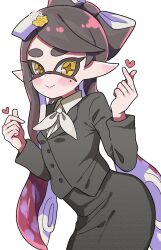 +_+ 1girl blush callie_(splatoon) heart long_sleeves nintendo office_lady pointy_ears renoa_yu splatoon_(series) splatoon_3 tentacle_hair twintails white_background yellow_eyes