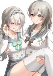 2girls absurdres black_bow black_bowtie black_hairband blush bow bowtie carrying carrying_person checkered_bow checkered_clothes chuuna_(unagiunazy) commentary_request cosplay embarrassed firefly_(honkai:_star_rail) firefly_(honkai:_star_rail)_(cosplay) firefly_(spring_missive)_(honkai:_star_rail) green_bow green_bowtie grey_hair grey_sailor_collar hairband highres honkai:_star_rail honkai_(series) long_hair miniskirt multicolored_eyes multiple_girls plaid_bow plaid_bowtie plaid_clothes princess_carry sailor_collar school_uniform serafuku shirt skirt stelle_(honkai:_star_rail) sweat thighhighs thighs trailblazer_(honkai:_star_rail) two-tone_eyes white_shirt white_thighhighs yellow_eyes yuri zettai_ryouiki
