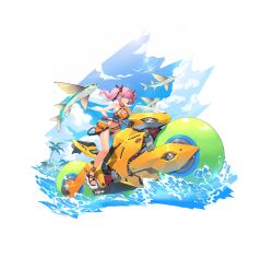 1girl 5others ahoge artist_request bare_arms bare_legs bare_shoulders barefoot belt belt_buckle bikini bird black_belt black_bikini black_footwear black_ribbon black_straps blue_sky breasts buckle cloud cloudy_sky cross-laced_straps cynthia_(final_gear) driving final_gear fish fish_request flying full_body hair_ribbon highres leg_belt looking_at_viewer medium_breasts medium_hair midriff motor_vehicle multicolored_bikini multiple_others ocean official_art open_mouth palm_leaf palm_tree pink_hair ribbon sandals seagull sidelocks simple_background sky snowflake_in_eye solo_focus star_ornament sun_glare sunlight swimsuit tachi-e teeth third-party_source three-wheeler toenails toes tree two-tone_bikini water water_bike wheel white_background white_bird