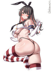 1girl animal_ear_hairband animal_ears artist_name ass bare_shoulders black_hair black_neckerchief black_panties blush breasts commentary_request cosplay ebifurya elbow_gloves fake_animal_ears gloves grey_hair hair_between_eyes hair_intakes hairband highleg highleg_panties highres huge_ass kantai_collection large_breasts leg_up long_hair looking_at_viewer multicolored_hair naganami_(kancolle) neckerchief no_pants one-hour_drawing_challenge panties pink_hair rabbit_ear_hairband rabbit_ears red_thighhighs shimakaze_(kancolle) shimakaze_(kancolle)_(cosplay) shiny_skin shirt sidelocks simple_background skindentation soles solo striped_clothes striped_thighhighs thighhighs thighs thong twitter_username two-tone_hair underboob underwear white_background white_gloves white_shirt yellow_eyes