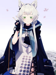 1girl absurdres animal_ear_fluff animal_ears arknights black_coat black_gloves blush chromatic_aberration closed_mouth coat coat_on_shoulders colored_eyelashes commentary_request commission cowboy_shot dress fingerless_gloves gloves green_eyes grey_hair highres hood hood_down hooded_coat infection_monitor_(arknights) long_hair looking_at_viewer rosmontis_(arknights) sikakuinasu skeb_commission smile solo split_mouth standing v white_dress