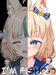 Rule 34 | 1girl, absurdres, ahoge, animal ear fluff, animal ears, blonde hair, blue eyes, blue streaks, cat ears, commentary, crying, english commentary, highres, i&#039;m fine (meme), indie virtual youtuber, lifebuoy hair ornament, long hair, low twintails, meme, open mouth, sameko saba, solo, split theme, tears, twintails, varliet, virtual youtuber