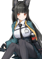 Rule 34 | 1girl, absurdres, animal ear fluff, animal ears, black gloves, black hair, black necktie, black pantyhose, black skirt, blunt bangs, closed mouth, dodo (yatotoyatoto), fingerless gloves, fox ears, fox girl, gloves, green jacket, high-waist skirt, highres, hoshimi miyabi, jacket, light blush, long hair, looking at viewer, necktie, pantyhose, red eyes, shirt, sidelocks, simple background, single fingerless glove, sitting, skirt, solo, white background, white shirt, zenless zone zero
