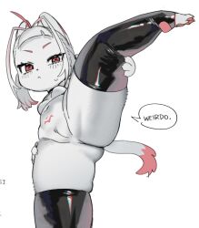 1girl animal_ears ass belly bikini black_thighhighs breasts choker furry furry_female hands_on_own_hips jianpan_xiafang_de_da_kongge loli multicolored_hair navel original pawpads pink_hair plump ponytail purple_eyes pussy shiny_swimsuit sitting small_breasts streaked_hair swimsuit tail thighhighs white_background white_hair