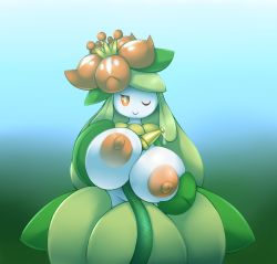 1girl between_breasts blue_background breast_hold breasts breasts_squeezed_together crown female_focus flower gen_5_pokemon gradient_background green_background green_hair half-closed_eyes hands_up highres hose huge_breasts large_areolae lilligant long_hair looking_at_viewer metachoke mini_crown nintendo nipples no_humans one_eye_closed orange_eyes pink_flower pokemon pokemon_(creature) pokemon_bw simple_background smile solo standing water wink