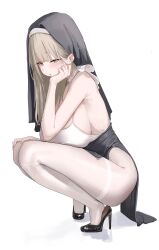 Rule 34 | 1girl, absurdres, bare shoulders, black dress, black veil, blonde hair, blush, breasts, commentary, dress, highres, laneigu, large breasts, long hair, mole, mole on cheek, no panties, nun, original, pantyhose, pelvic curtain, side slit, sideboob, simple background, solo, squatting, veil, white background, white pantyhose, yellow eyes, yuzu (laneigu)