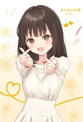 Rule 34 | 1girl, :d, absurdres, animification, blunt bangs, blush, breasts, brown eyes, brown hair, commentary request, date pun, dated, double finger heart, finger heart, gradient background, hanazora satsuki, heart, heart of string, high-waist skirt, highres, long hair, looking at viewer, medium breasts, nirei nozomi, number pun, open mouth, outstretched arms, real life, shirt, skirt, smile, translation request, upper body, voice actor, white shirt, white skirt, yellow background, yukimi daifuku (food)
