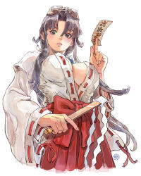 1girl absurdres blue_eyes blush bow breasts closed_mouth eyelashes fingernails goggles goggles_on_head hair_between_eyes highres holding japanese_clothes large_breasts long_eyelashes long_hair long_sleeves miko ofuda pentagram pink_lips purple_hair red_bow sengoku_ace shide shiren_(ourboy83) signature simple_background solo talisman togashi_koyori white_background wide_sleeves