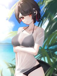1girl absurdres alternate_costume arm_under_breasts bikini bikini_under_clothes black_bikini black_hair blue_sky breasts cloud colored_inner_hair day ellen_joe fins fish_tail halterneck highres looking_at_viewer medium_breasts mole mole_under_eye multicolored_hair ocean outdoors red_eyes red_hair see-through_clothes see-through_shirt shark_girl shark_tail shirt short_hair sky solo swimsuit tail thomas_8000 two-tone_hair white_shirt zenless_zone_zero