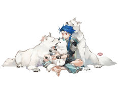 1boy 3others animal blue_hair bodysuit bodysuit_under_clothes bracelet child crossed_legs cu_chulainn_(fate) dog earrings fate/grand_order fate/grand_order_arcade fate_(series) guttia holding holding_animal jewelry long_hair long_sleeves multiple_others petting puppy red_eyes setanta_(fate) simple_background sitting white_background white_wolf wolf