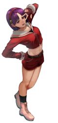 Rule 34 | 1girl, asamiya athena, gloves, hair ornament, hairband, highres, idol, pale skin, psycho soldier, purple hair, shoes, short hair, snk, standing, star (symbol), star hair ornament, the king of fighters, the king of fighters &#039;99