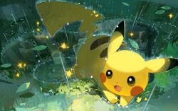 Rule 34 | :3, dot nose, full body, gen 1 pokemon, leaf, nintendo, no humans, open mouth, outdoors, palachaomian, pikachu, pokemon, pokemon (creature), pokemon focus, pokemon tcg, rain, second-party source, smile, sparks