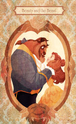1boy 1girl absurdres beast_(disney) beauty_and_the_beast_(disney) belle_(disney) blue_eyes brown_eyes brown_hair cosplay dress elbow_gloves gloves highres jewelry long_hair looking_at_viewer ponsu_(ponzuxponzu) ponytail smile yellow_dress