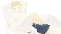 1boy 1girl ^_^ aged_down arm_behind_head arm_up bed_sheet blonde_hair blush brother_and_sister child closed_eyes coat collared_shirt dress dungeon_meshi falin_touden falin_touden_(tallman) frs2 fur-trimmed_sleeves fur_trim hand_on_own_arm happy highres holding_hands laios_touden laughing layered_sleeves long_hair long_sleeves lying on_back on_bed on_stomach outstretched_arm pillow profile shirt short_hair short_over_long_sleeves short_sleeves siblings simple_background three-quarter_sleeves smile stitches turtleneck under_covers white_background white_dress white_shirt winter_clothes winter_coat yellow_eyes