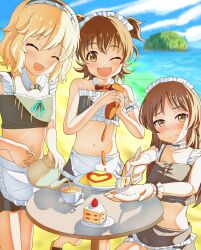 3girls :d ^_^ absurdres akagi_miria apron beach bikini blonde_hair blush bow bowtie breasts brown_eyes brown_hair cake choker choudai-sama closed_eyes commentary_request detached_collar embarrassed food frilled_apron frilled_choker frilled_cuffs frills frown green_bow green_bowtie highres idolmaster idolmaster_cinderella_girls idolmaster_cinderella_girls_u149 long_hair looking_at_viewer maid maid_bikini maid_headdress multiple_girls navel nose_blush ocean omelet omurice open_mouth pov red_bow red_bowtie sakurai_momoka short_hair small_breasts smile strawberry_shortcake swimsuit table tachibana_arisu tea unconventional_maid waist_apron white_apron