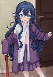 Rule 34 | 1girl, blazer, blue eyes, blue hair, blush, bra, bra peek, collared shirt, commentary request, detached sleeves, door, feet out of frame, flying sweatdrops, hair between eyes, highres, holding necktie, jacket, kimi no koto ga dai dai dai dai daisuki na 100-nin no kanojo, kingjoshua, long hair, looking at viewer, navel, necktie, ohananomitsu high school uniform, open clothes, open jacket, open mouth, oversized clothes, partially unbuttoned, pleated skirt, purple jacket, purple skirt, red necktie, school uniform, shirt, single off shoulder, skirt, solo, twitter username, underwear, white shirt, yoshimoto shizuka