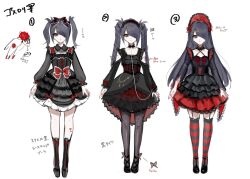 1girl alternate_costume alternate_hair_length alternate_hairstyle ame-chan_(needy_girl_overdose) black_dress black_eyes black_footwear black_hair black_pantyhose black_ribbon bonnet boots bow collared_dress commentary_request detached_collar dress drill_hair flower frilled_dress frills full_body gothic_lolita hair_ornament hair_over_one_eye hair_ribbon highres knee_boots lolita_fashion long_hair long_sleeves looking_at_viewer mizureito multiple_views nail_polish needy_girl_overdose pantyhose red_bow red_flower red_rose ribbon rose shoes simple_background standing striped_clothes striped_thighhighs thighhighs translation_request twin_drills twintails white_background x_hair_ornament