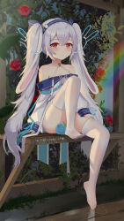 Rule 34 | 1girl, animal ear hairband, animal ears, arm support, artist name, azur lane, bare shoulders, bench, blue bow, blue dress, blue flower, blue hairband, blue headband, blue ribbon, blue rose, bow, chinese commentary, choker, closed mouth, commentary request, convenient leg, crossed bangs, dated, dress, fake animal ears, feet, flower, full body, hair bow, hair ornament, hairband, headband, headgear, highres, laffey (azur lane), laffey ii (azur lane), leg up, long hair, long sleeves, outdoors, pantyhose, plant, puddle, rabbit-shaped pupils, rabbit brooch, rabbit ears, rabbit hair ornament, rabbit o-ring, rainbow, red eyes, red flower, red rose, reflection, ribbon, rose, rose bush, sidelocks, sitting, skindentation, solo, symbol-shaped pupils, thighhighs, toenails, toes, twintails, very long hair, wet, wet clothes, wet pantyhose, white choker, white hair, white pantyhose, white thighhighs, xiao shi lullaby, zettai ryouiki