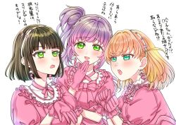 Rule 34 | 3girls, ara ara, black hair, blunt bangs, blunt ends, blush, bow, cerise bouquet, clenched hands, collarbone, commentary request, dress, dress bow, earrings, flower earrings, flower hairband, frilled dress, frills, gloves, green eyes, hairband, hand on own chin, highres, hinoshita kaho, jealous, jewelry, link! like! love live!, looking at another, love live!, meiji (mosamoo3), momose ginko, multiple girls, neck ribbon, open mouth, otomune kozue, pink dress, pink gloves, pink ribbon, puffy short sleeves, puffy sleeves, reflection in the mirror (love live!), ribbon, short hair, short sleeves, simple background, translation request, virtual youtuber, white background, white hairband