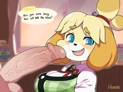 1boy 1girl animal_crossing animal_ears blue_eyes breasts clothed_female_nude_male clothes dog dog_ears dog_girl english_text erection fruithead furry furry_female furry_with_non-furry healerart heart highres imminent_fellatio interspecies isabelle_(animal_crossing) large_breasts large_penis long_ears nintendo nipples nude penis ponytail speech_bubble tail veins veiny_penis villager_(animal_crossing)