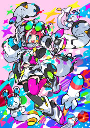 1girl absurdres animal_ears asymmetrical_legwear blue_eyes blunt_bangs boots cat_ears clothing_cutout commentary commentary_request english_commentary eyewear_on_head facepaint hand_up headphones helmet highres kurumitsu leg_up looking_at_viewer mecha_musume mismatched_legwear mixed-language_commentary mouse_(animal) multicolored_hair navel open_mouth original pink_hair planet rabbit rocket satellite short_hair space space_helmet stomach_cutout streaked_hair teeth thighhighs upper_teeth_only white_streaks wide_sleeves yellow_pupils