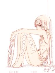 1girl 2013 against_wall akemi_homura akemi_homura_(magical_girl) arm_rest armpit_crease arms_on_knees bad_drawr_id bad_id boots breasts closed_mouth dated diamond_cutout hairband holding knees_up long_hair mahou_shoujo_madoka_magica monochrome oekaki profile sitting sketch small_breasts solo sukocchi_moruto thigh_boots thighs vest