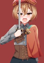 1girl absurdres beanie blush brown_corset brown_eyes brown_hair buttons cape clio_aite collared_shirt corset grey_shirt hat highres holding holding_sword holding_weapon open_mouth phase_connect red_background red_cape red_hat shirt short_hair solo sword tmpgoreng virtual_youtuber weapon