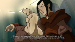 1girl absurdres avatar:_the_last_airbender avatar_legends azula barefoot black_hair crossed_legs feet highres kiryu_(pixiv44966832) long_hair looking_at_viewer parted_lips soles steam sweat toes yellow_eyes