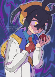 1boy black_hair blue_shirt clenched_teeth collared_shirt commentary_request crossed_bangs gloves hairband holding holding_poke_ball jacket kieran_(pokemon) male_focus necktie nintendo orange_(orangelv20) partially_fingerless_gloves poke_ball poke_ball_(basic) pokemon pokemon_sv red_gloves red_necktie shirt short_hair signature single_glove solo sweat teeth watermark yellow_bag yellow_hairband zipper zipper_pull_tab