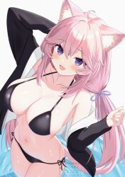 1girl ahoge alternate_breast_size animal_ears artexyan bikini black_bikini black_jacket blush breasts cat_ears cat_girl cleavage hair_ribbon indie_virtual_youtuber jacket large_breasts long_hair looking_at_viewer low_twintails nyatasha_nyanners open_mouth pink_hair purple_eyes purple_ribbon ribbon smile solo swimsuit twintails very_long_hair virtual_youtuber water