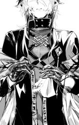 1boy absurdres arknights blood blood_on_face bodystocking chest_harness chinese_commentary cleaning cleaning_rag coat commentary cuts eyes_out_of_frame gloves greyscale hair_between_eyes harness head_out_of_frame highres holding holding_pen holding_rag injury logos_(arknights) logos_(npc)_(arknights) long_hair male_focus monochrome pectoral_cleavage pectorals pen pointy_ears print_coat scratches simple_background skylar_kouzuki solo text_print toned toned_male upper_body