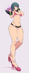 1girl absurdres bikini black_hair breasts full_body glowing glowing_hand high_heels highres jewelry large_breasts lips long_hair looking_at_viewer nac000 nintendo pokemon pokemon_hgss sabrina_(pokemon) simple_background solo swimsuit