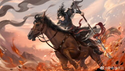 1boy armor asian black_boots black_hair black_hanfu black_pants blue_scarf blue_sky boots bracer breastplate chinese_armor chinese_clothes chinese_commentary closed_mouth commentary_request embers fighting_stance fire flaming_weapon floating_clothes floating_hair forehead full_body glaive_(polearm) gradient_sky hair_tie hanfu highres holding holding_polearm holding_weapon horseback_riding knee_boots layered_sleeves liaoyuan_huo light_particles lips long_hair long_sleeves looking_ahead male_focus orange_skirt outdoors pants parted_bangs polearm ponytail ravages_of_time realistic red_sash reins riding rock saddle sash scarf short_over_long_sleeves short_sleeves skirt sky smoke solo sun sunset thick_eyebrows torn_clothes waist_sash watermark wavy_hair weapon weibo_watermark ye_dian_pikaqiu