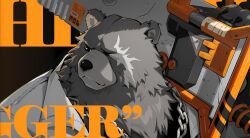 1boy absurdres animal_ears bara bear_boy bear_ears ben_bigger black_background chain chain_necklace character_name english_text furry furry_male highres holding holding_weapon jewelry looking_to_the_side male_focus mindscape_cinema_(zenless_zone_zero) necklace official_art resized scar scar_across_eye scar_on_face shirt solo third-party_edit upscaled weapon zenless_zone_zero
