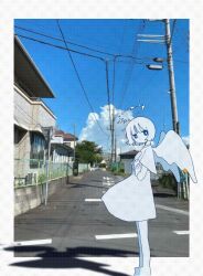 Rule 34 | 1girl, angel, angel wings, border, cloud, day, dress, from side, halo, highres, house, looking at viewer, looking to the side, original, outdoors, outside border, photo background, power lines, road, short dress, short hair, solo, sskitaco, standing, street, utility pole, white border, wings