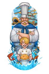 2boys aged_down ascot beard black_eyes blonde_hair blue_ascot braid braided_beard chef chef_hat child cloud cloudy_sky commentary_request crossed_arms curly_eyebrows facial_hair fish food hair_over_one_eye hat highres holding holding_food lilithartv long_mustache looking_at_viewer male_focus multiple_boys mustache one_eye_covered one_piece open_mouth outdoors red-leg_zeff sanji_(one_piece) short_hair sky smile spanish_commentary teeth uniform v-shaped_eyebrows