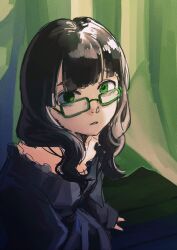 1girl black_dress black_hair black_rock_shooter dead_master dress green-framed_eyewear green_eyes highres looking_at_viewer medium_hair solo takanashi_yomi you92