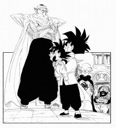 5boys artist_name baby brothers dende dragon_ball dragonball_z fenyon group_picture highres male_focus medium_hair mister_popo monochrome multiple_boys no_eyebrows pants piccolo shirt siblings son_gohan son_goten spiked_hair